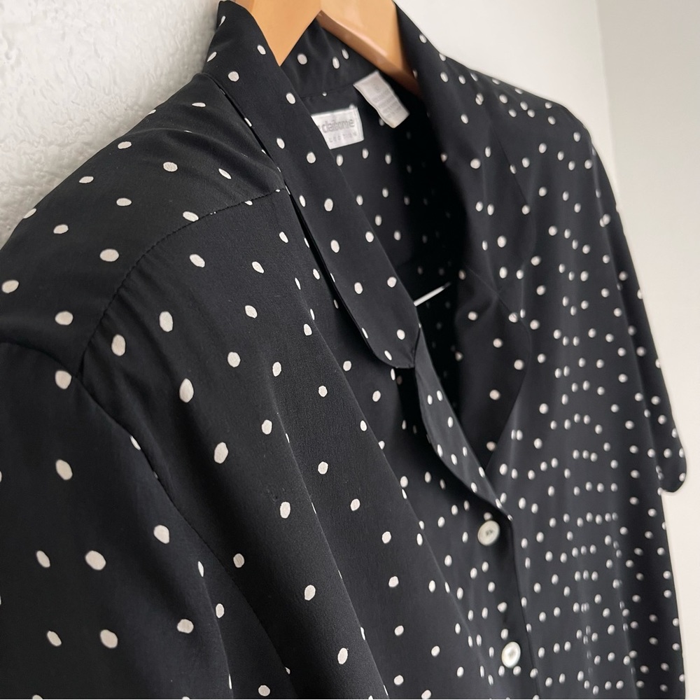Vintage 90’s Liz Claiborne Silk Short Sleeve Button-Front Blouse Black Polka Dot